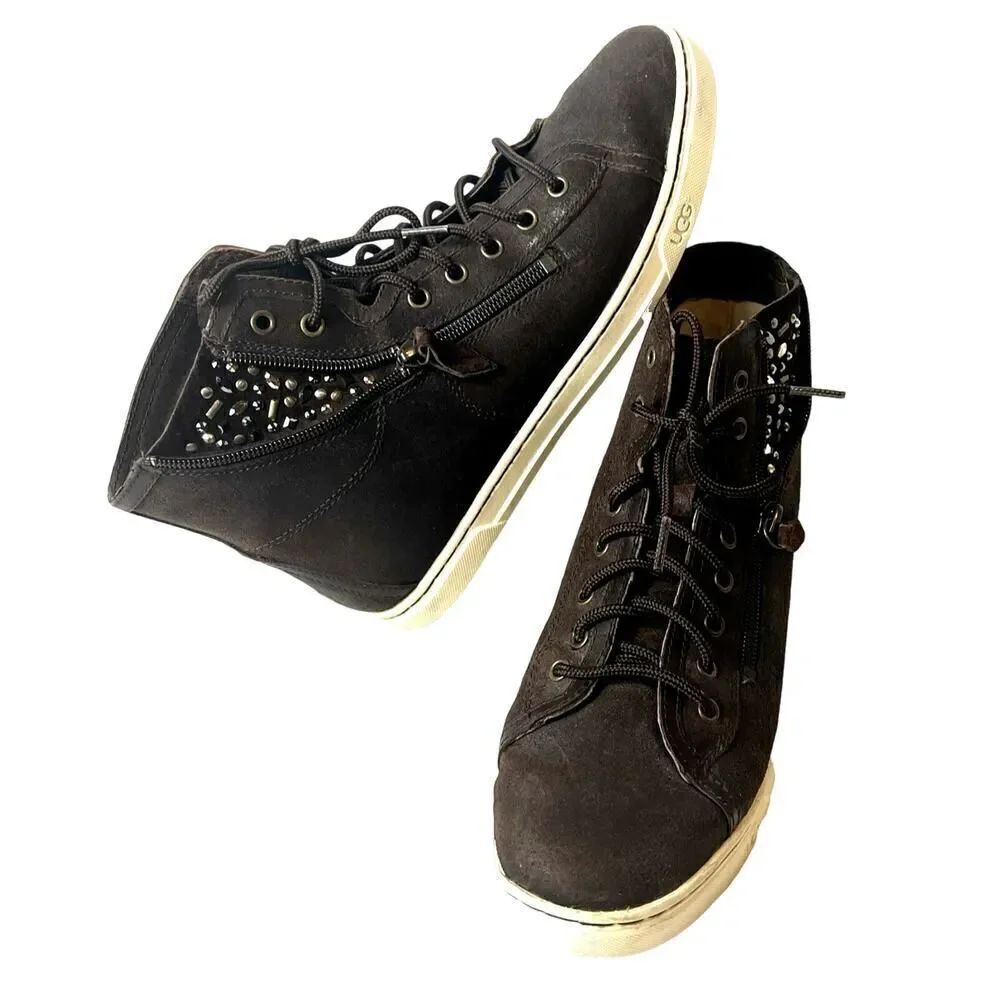 UGG Brown Leather High Top Sneaker Womens 8.5 Lace Up Sequinned Zip Bootie Shoes